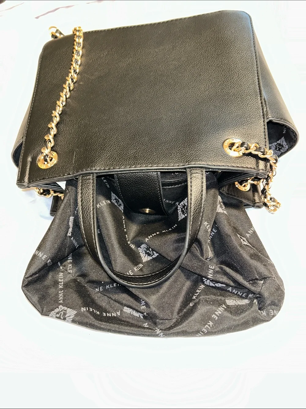 Anne Klein textured black leather look PVC satchel bag.